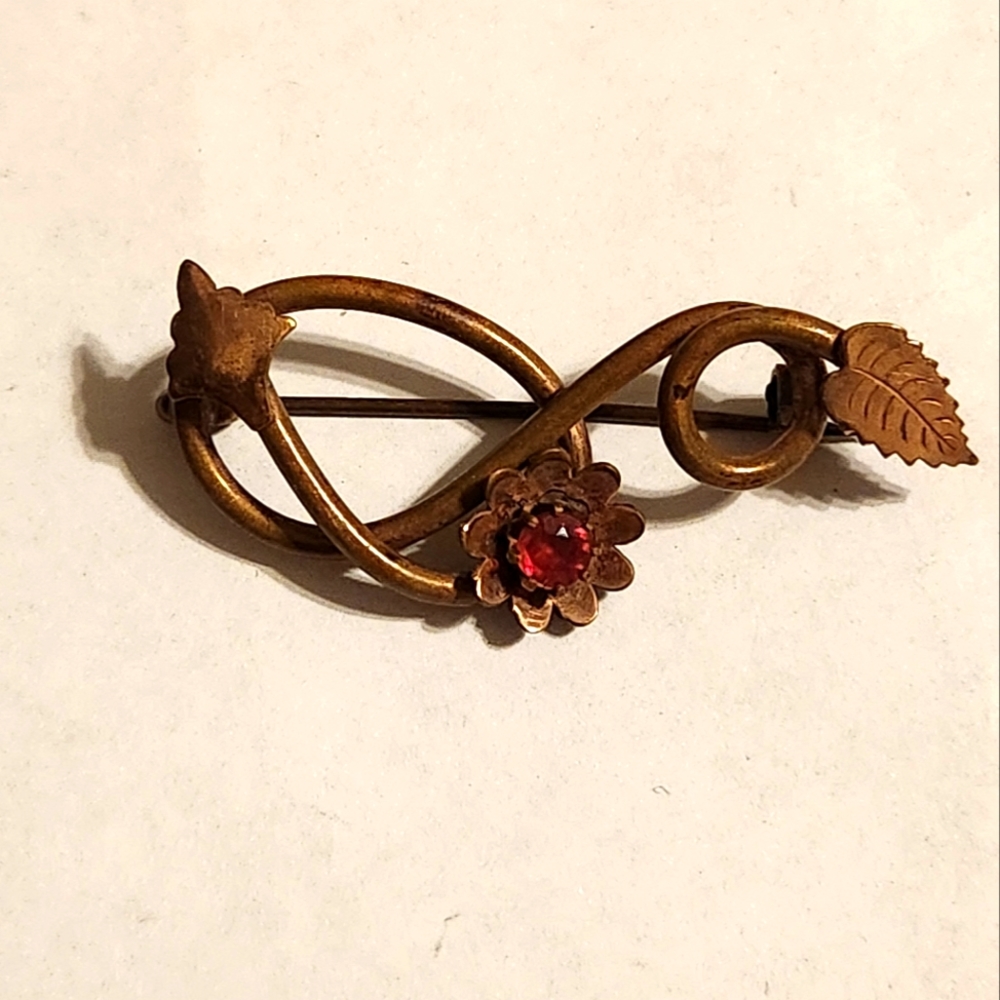 Antique Brass Copper Art Nouveau Flower Floral Scroll Brooch Pin Unsigned